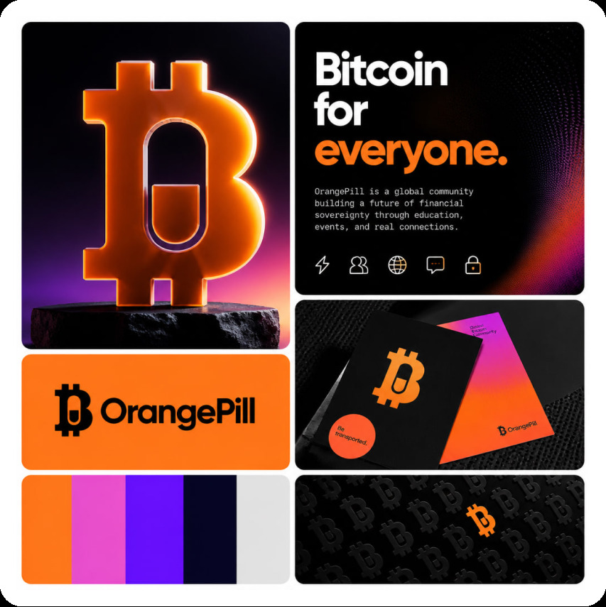 OrangePill brand board — Bitcoin community logo, palette, and print mockups