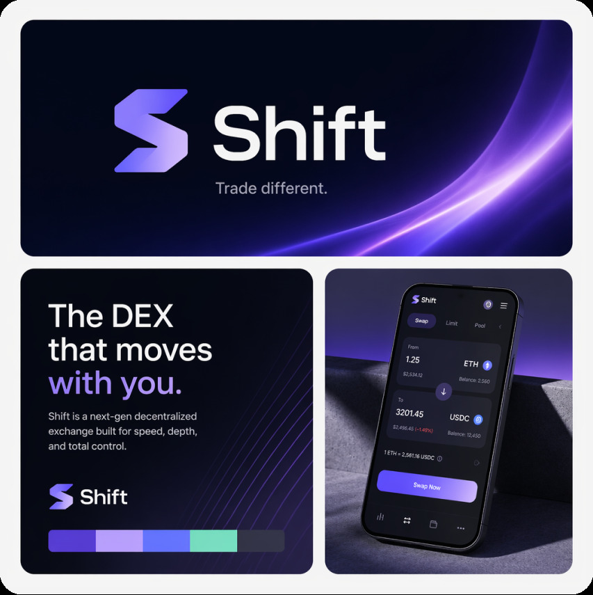 Shift DEX brand board — purple gradient logo and mobile app mockup