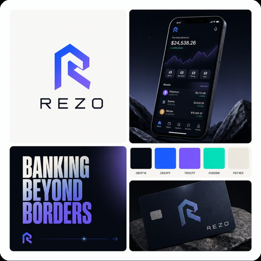 Rezo brand board — fintech wallet logo, mobile app mockup, and dark card design