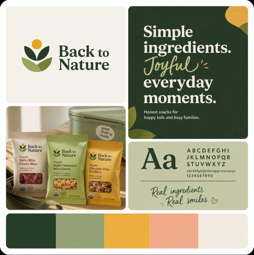 Back to Nature brand board — organic snacks logo, palette, and packaging