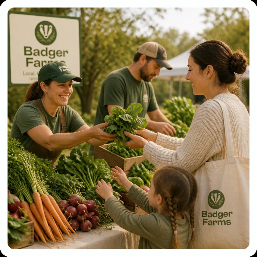 Badger Farms brand board — green farmers-market logo, signage, and tote bag
