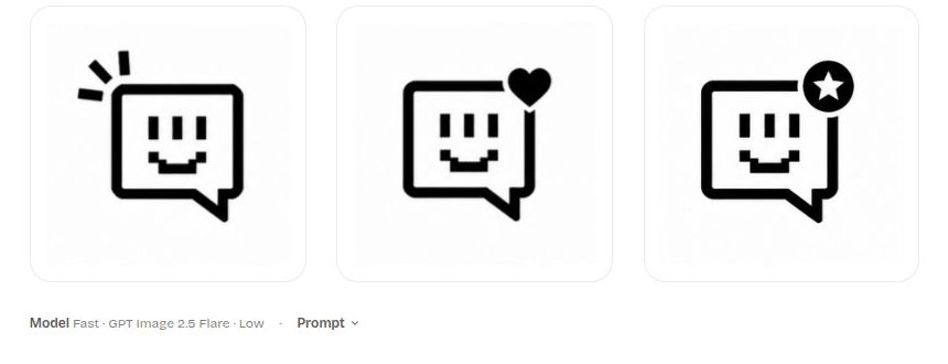 A batch of vector logo marks with a footer reading Model: Fast · GPT Image 2.5 Flare · Low and a collapsible Prompt disclosure