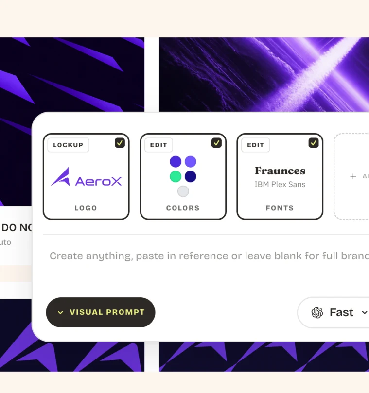 The Visual Prompt drawer with toggles for Logo, Colors, and Typography